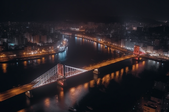 夜晚城市中的跨海大桥猩红风格交通灯光