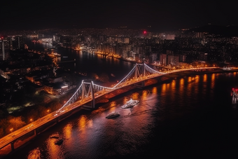 夜晚城市中的跨海大桥猩红风格摄影图4