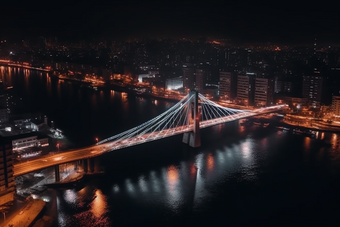 夜晚城市中的跨海大桥猩红风格跨海道路