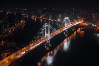 夜晚城市中的跨海大桥猩红风格道路灯光