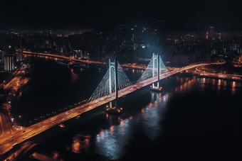 夜晚城市中的跨海大桥猩红风格跨海灯光