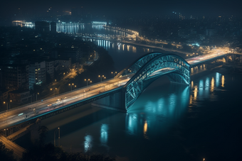 夜晚城市中的跨海大桥横图道路灯光
