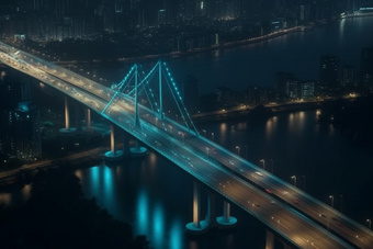 夜晚城市中的跨海大桥横图跨海交通