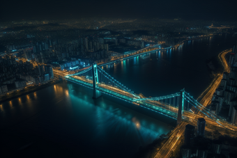 夜晚城市中的跨海大桥横图道路高楼大厦