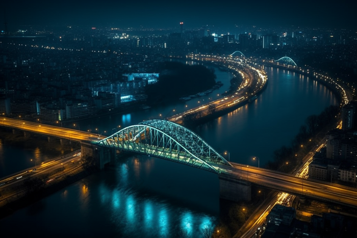 夜晚城市中的跨海大桥横图交通灯光