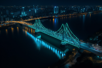 夜晚城市中的跨海大桥横图交通车流