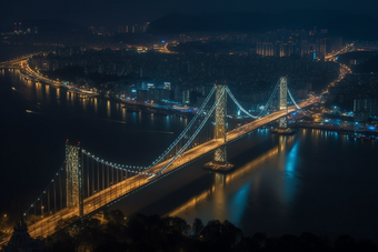 夜晚城市中的跨海大桥横图车流高楼大厦