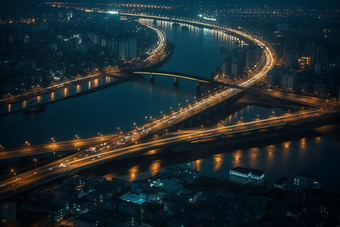 夜晚城市中的跨海大桥横图跨海灯光