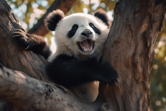 爬树的熊猫<strong>吃</strong>竹子哺乳动物