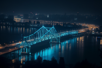 夜晚城市中的跨海大桥横图跨海道路