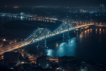 夜晚城市中的跨海大桥横图灯光灯火通明
