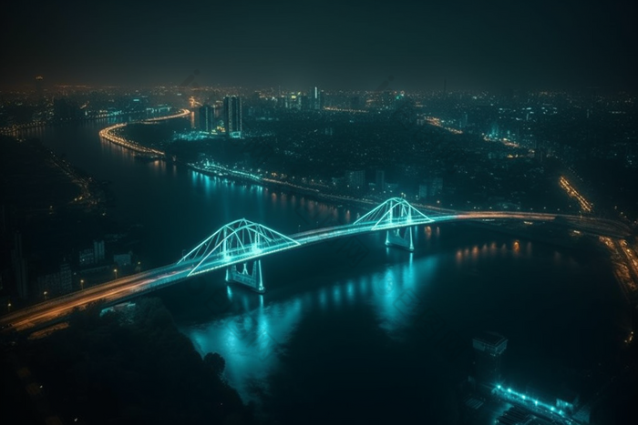 夜晚城市中的跨海大桥横图灯光高楼大厦