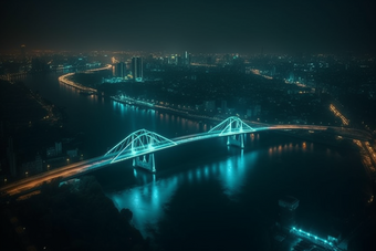 夜晚城市中的跨海大桥横图灯光高楼大厦