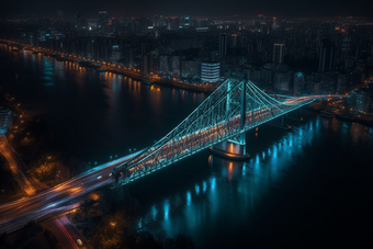 夜晚城市中的跨海大桥横图道路车流