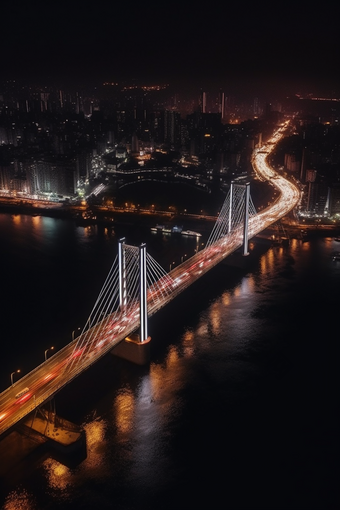 夜晚城市中的跨海大桥猩红风格竖图跨海道路