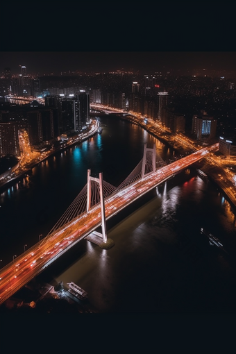 夜晚城市中的跨海大桥猩红风格竖图跨海灯光