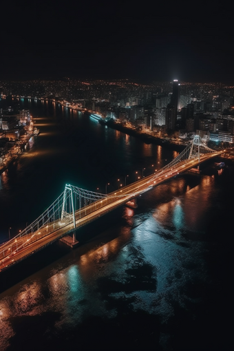 夜晚城市中的跨海大桥猩红风格竖图跨海灯火通明