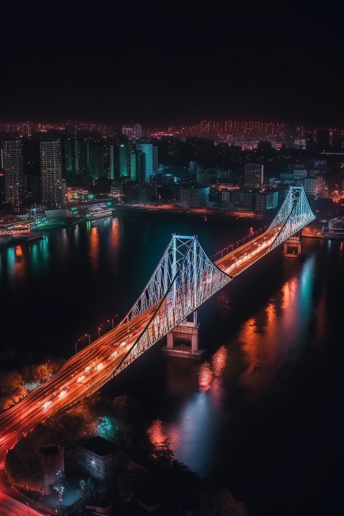 夜晚城市中的跨海大桥猩红风格竖图道路灯光