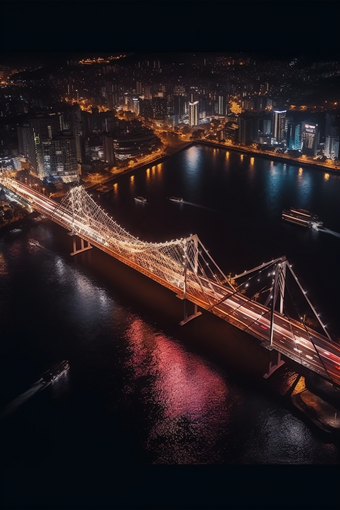 夜晚城市中的跨海大桥猩红风格竖图道路交通