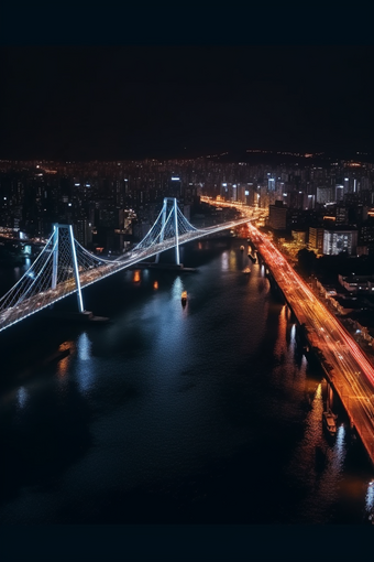 夜晚城市中的跨海大桥猩红风格竖图跨海车流