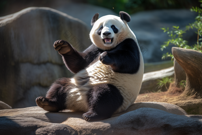 玩耍的熊猫吃竹子竹叶