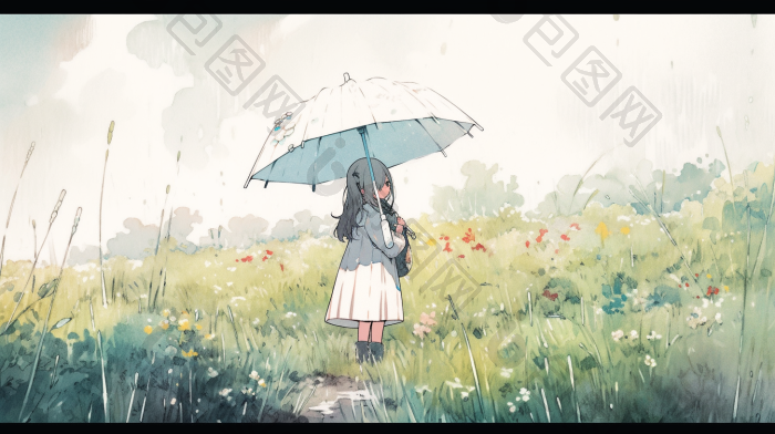 撑伞雨中少女连绵半透明插画图片-包图网