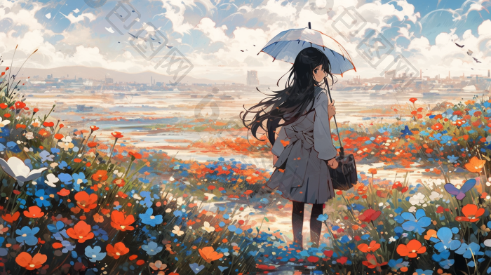 撑伞雨中少女细站姿插画图片-包图网