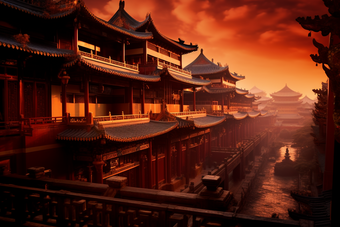 落日下的中式古建筑古风中国风