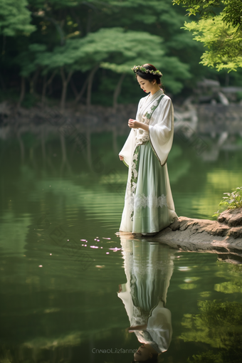 玩水的汉服少女活泼美丽