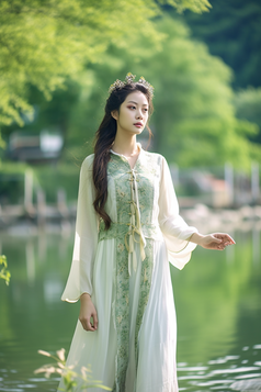 玩水的汉服少女摄影图1