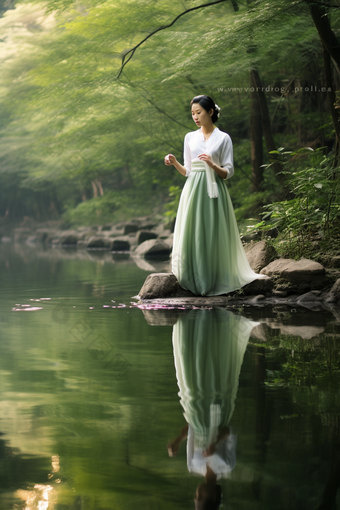 玩水的汉服少女女孩绿色