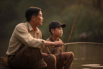 父子和孩子垂钓钓鱼娱乐活动
