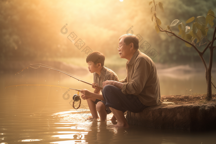 父子和孩子垂钓钓鱼娱乐