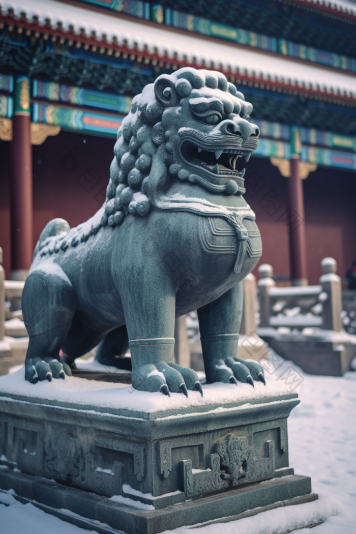 古风城楼石狮子门前建筑图片-包图网