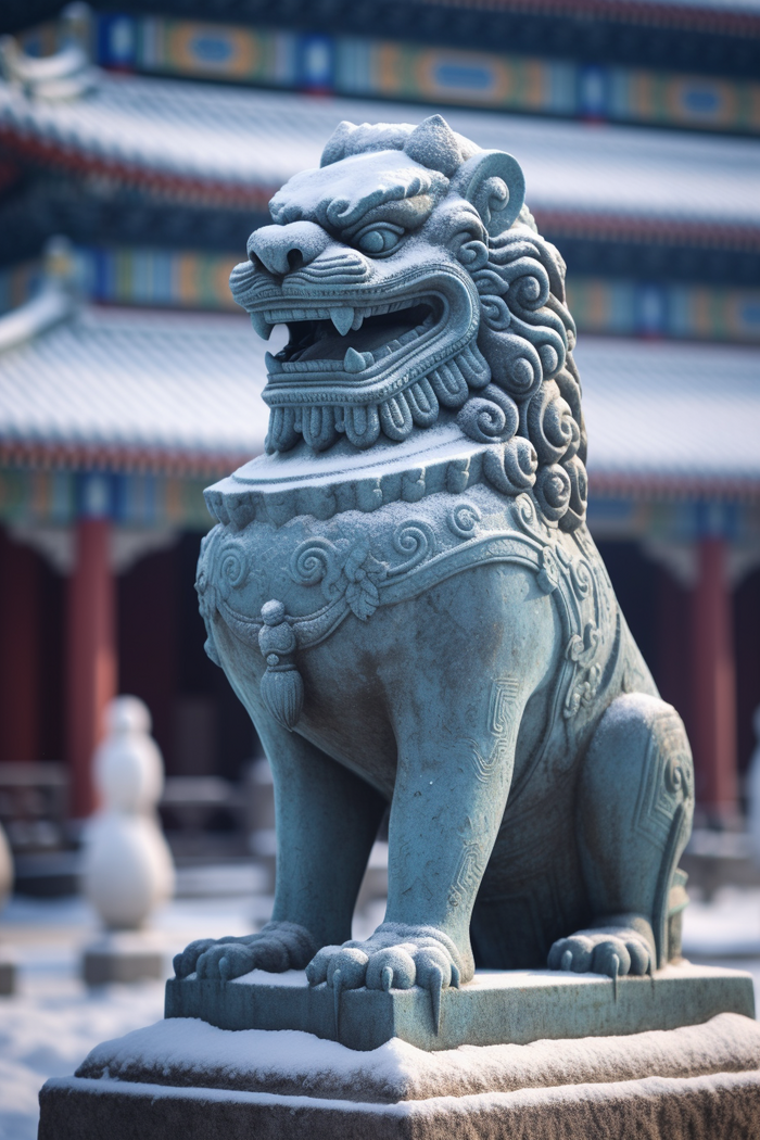 古风城楼石狮子摄影图