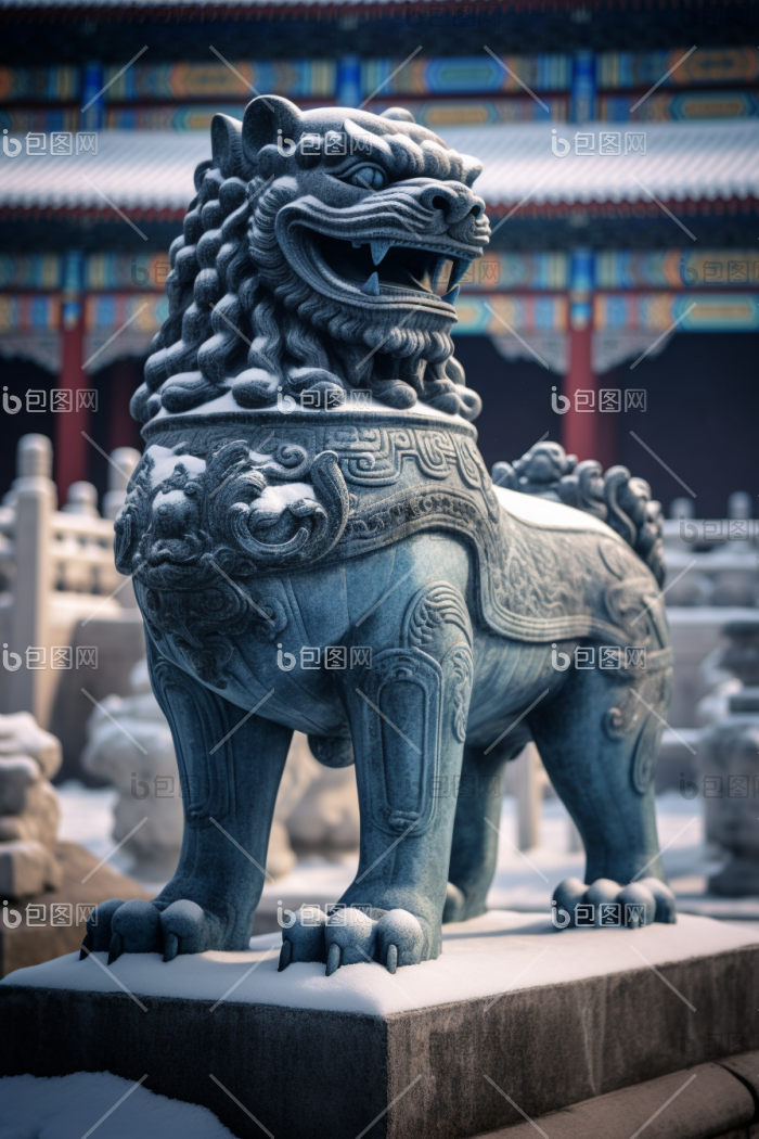 古风城楼石狮子门前国风图片-包图网