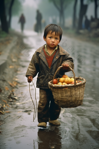 农村买菜的小男孩留守贫穷