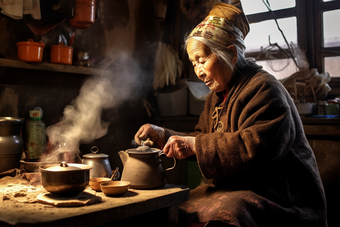 农村做饭的老奶奶肖像注视