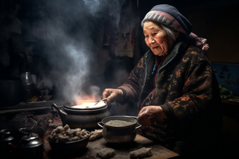 农村做饭的老奶奶肖像凝视