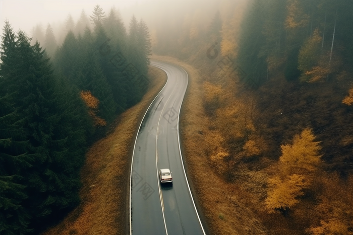 林间行驶的汽车山路开