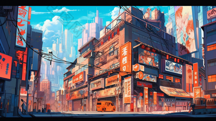 动画风城市一角街道二维插画图片-包图网