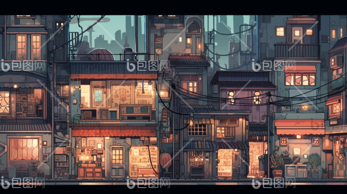 动画风城市一角都市二维插画图片-包图网