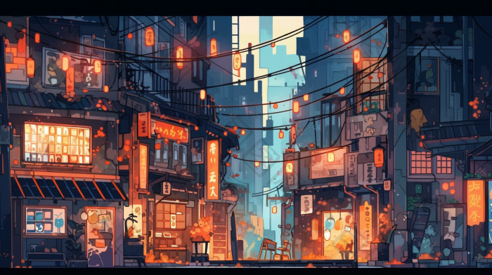 动画风城市一角街道夜晚插画图片-包图网