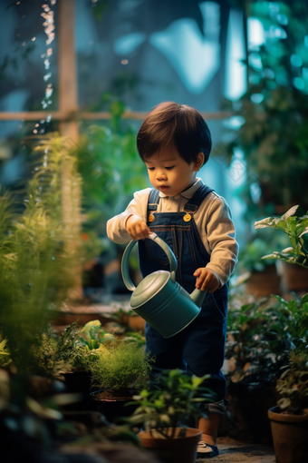小朋友拿水桶浇花玩耍花园
