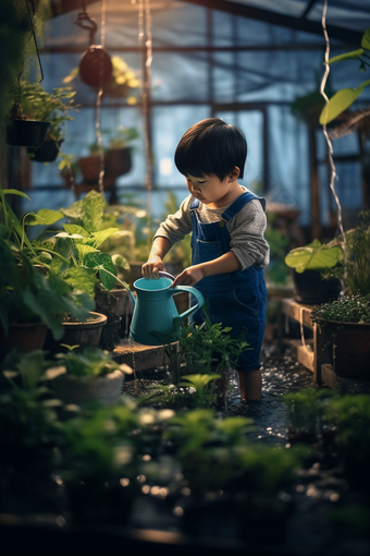 小朋友拿水桶浇花孩子浇水