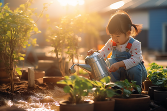 小朋友拿水桶浇花花园植物