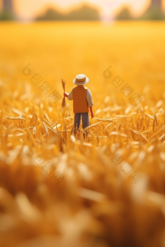 微缩摄影农民耕种金黄色小麦