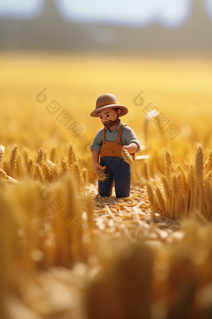 微缩摄影农民耕种金黄色农业