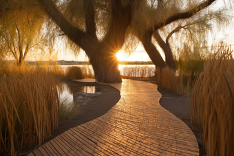落日氛围池塘木板路太阳夕阳