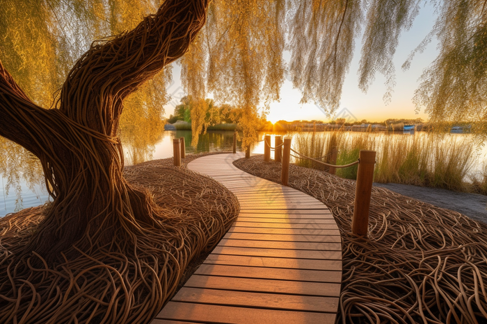 落日氛围池塘木板路日落公园